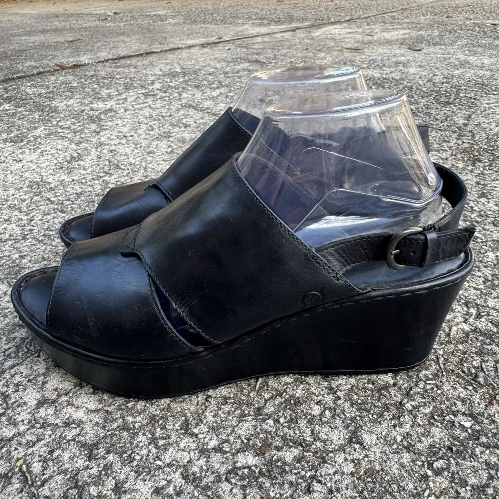 BORN Emmy Platform 4" Wedge‎ Cross Strap Women's Sz 11 M Black Leather Sandals - Picture 4 of 12